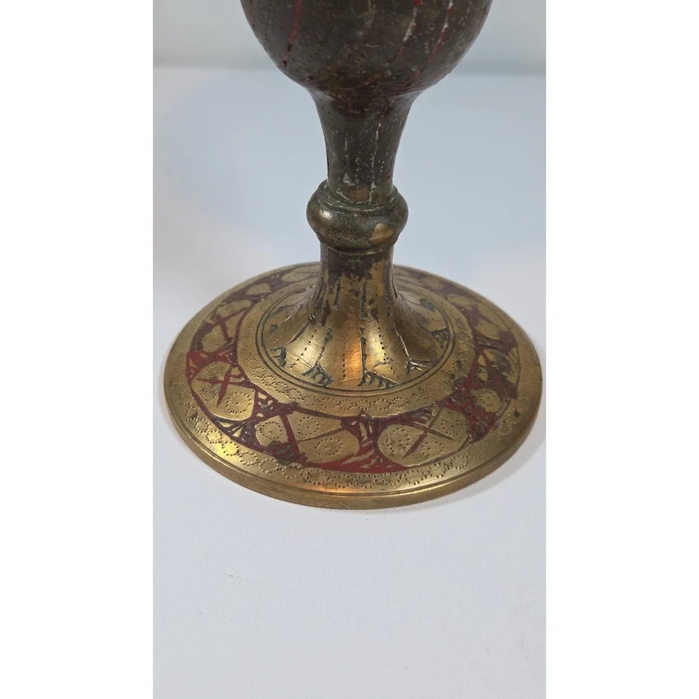 Vintage Brass Etched & Hand Painted Trumpet Styled Vase Made in‎ India